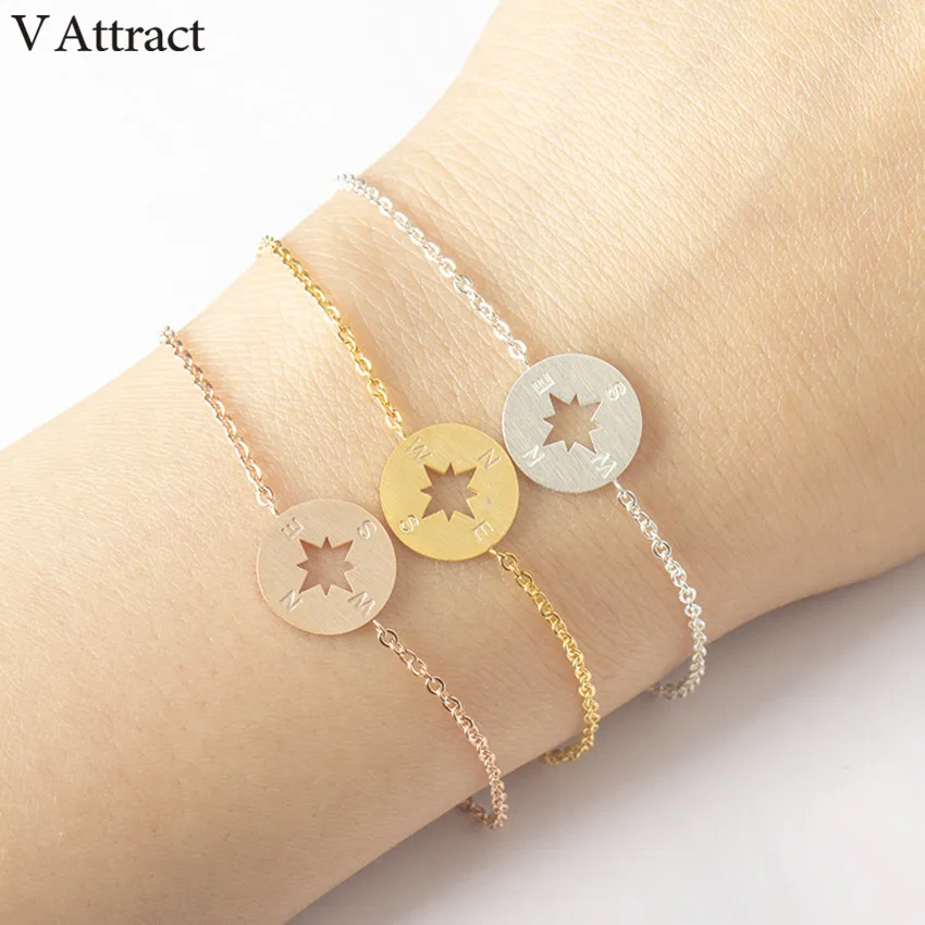 V Attract Vintage Compass Charm Bracelet Gold Silver Stainless Steel Chain Simple Geometric Round Pulseira Women Men Jewelry|charm bracelet|bracelet
