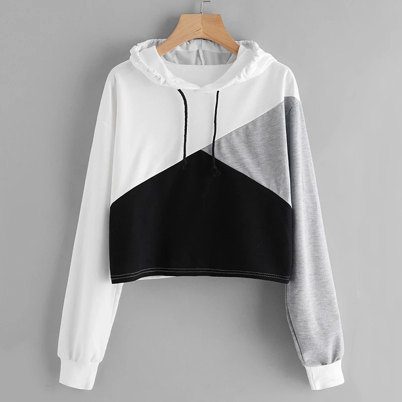 Bigsweety Для женщин Drawstring с капюшоном Harjuku Цвет блока длинным рукавом Толстовка