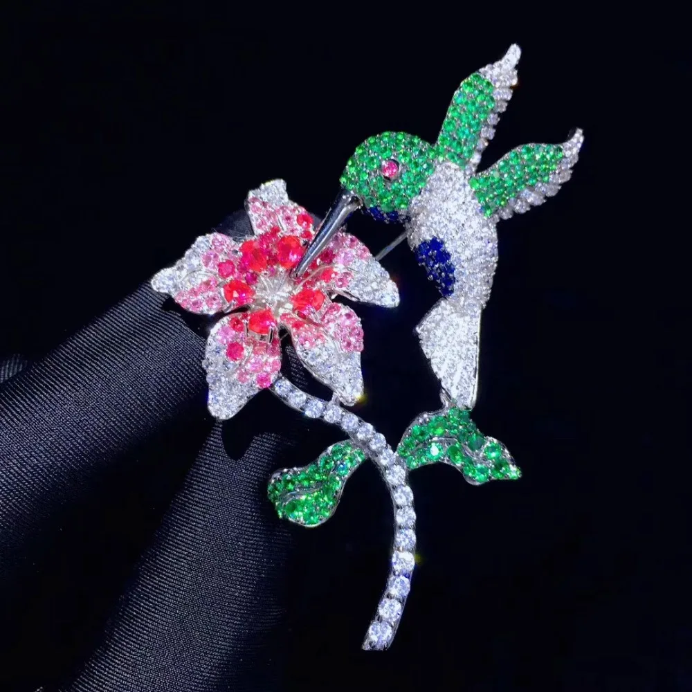bird and flower brooch pin fine women jewelry 925 sterling silver free shipping pave stone 56*73MM | Украшения и аксессуары