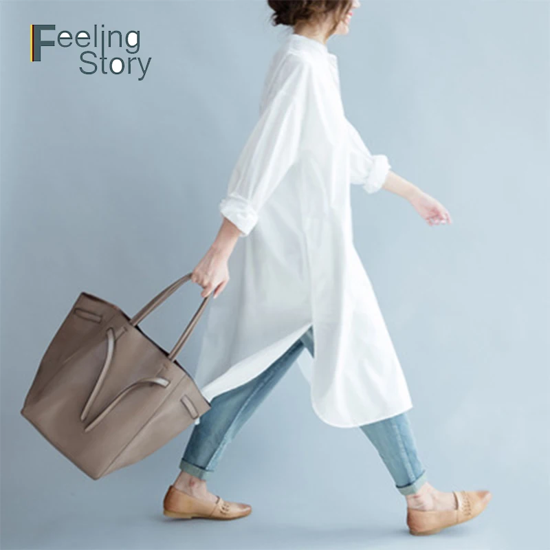 Женское платье рубашка с воротником в Корейском стиле размера плюс белое