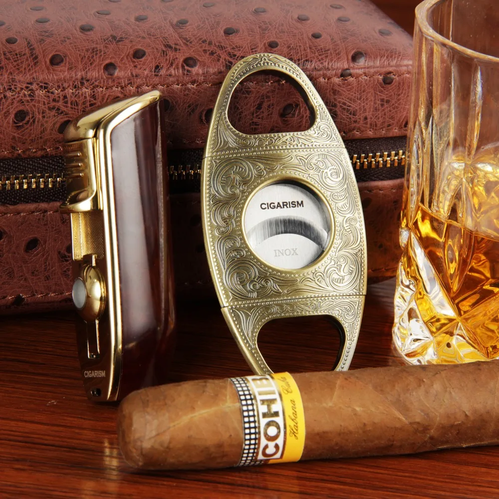 Cigarism 4 Количество узор кожи страуса кедра сигары Футляр хьюмидор Зажигалка Cutter Set