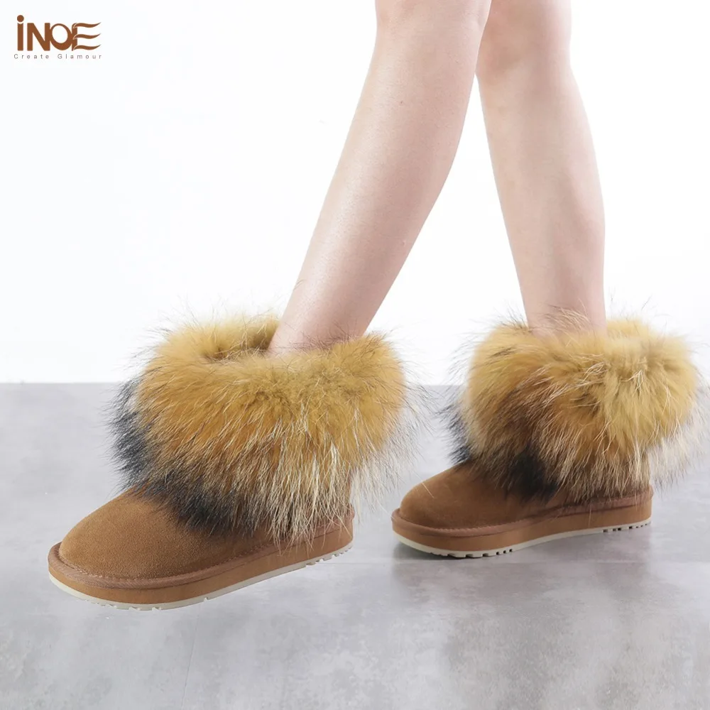 INOE модные женские короткие зимние ботинки из коровьей замши с натуральным лисьим мехом женские зимние ботильоны Теплая обувь на плоской подошве нескользящие полуботинки с искусственной подкладкой черный, коричневый