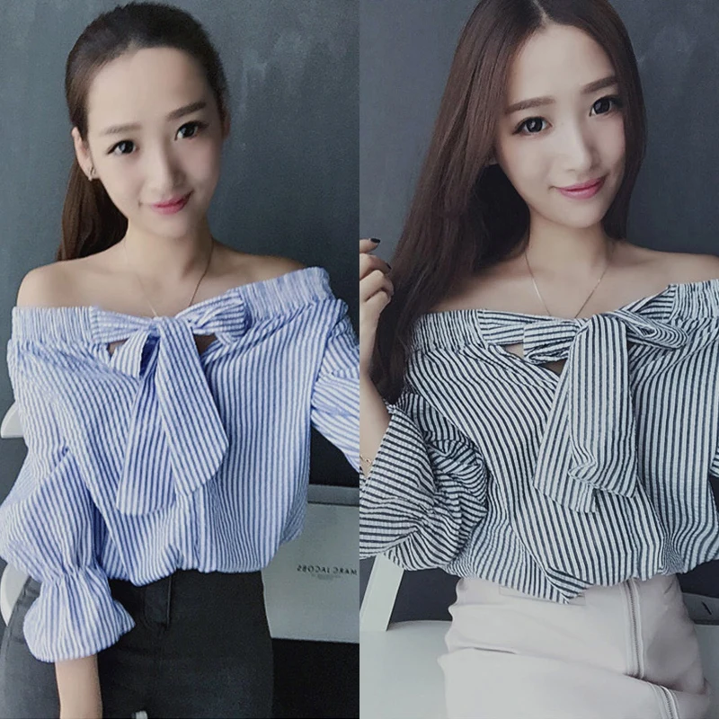 Новая модная летняя Осенняя Сексуальная Блузка с вырезом лодочкой и бантом