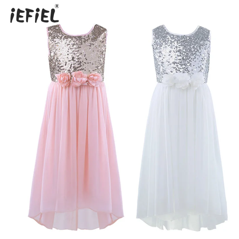 Летнее платье для девочки с блестками и цветами элегантное платье-трапеция