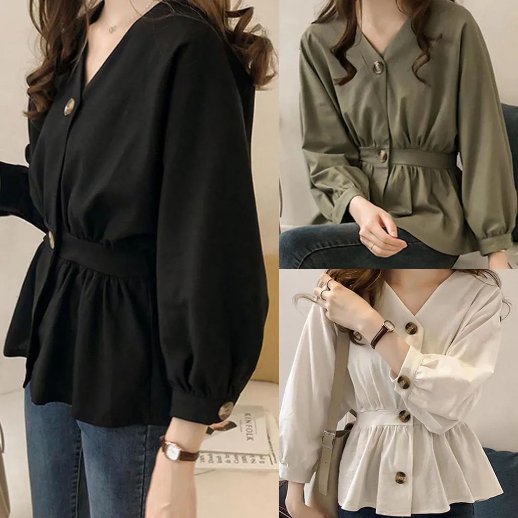 Рубашка женская с длинным рукавом и треугольным вырезом однотонная черная