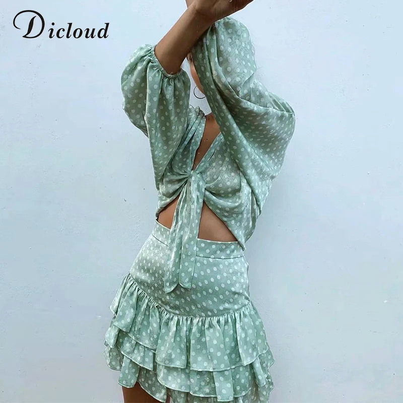 DICLOUD Sexy Горошек Галстук бабочка кроп топ Женщины Лето Осень 2019 V шеи Блузки с