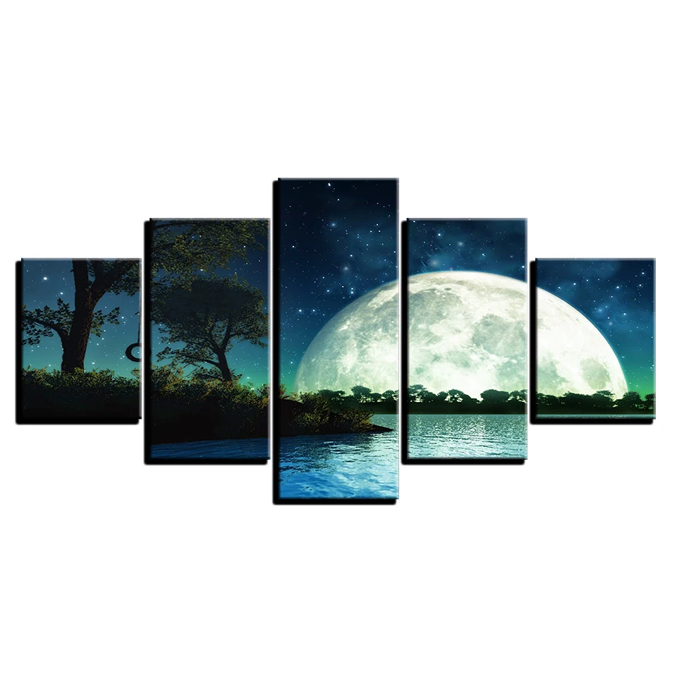 Картины HD в рамке напечатанные современные холсты 5 панелей луна звезды