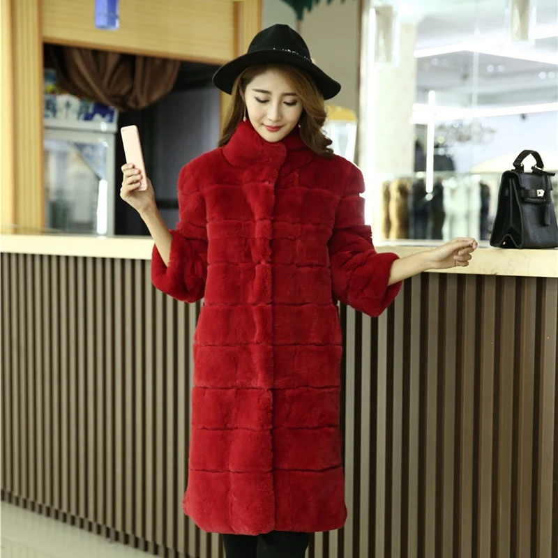 Женское пальто настоящий мех кролика воротник мандарина зимнее меховое 3XL 4XL 5XL