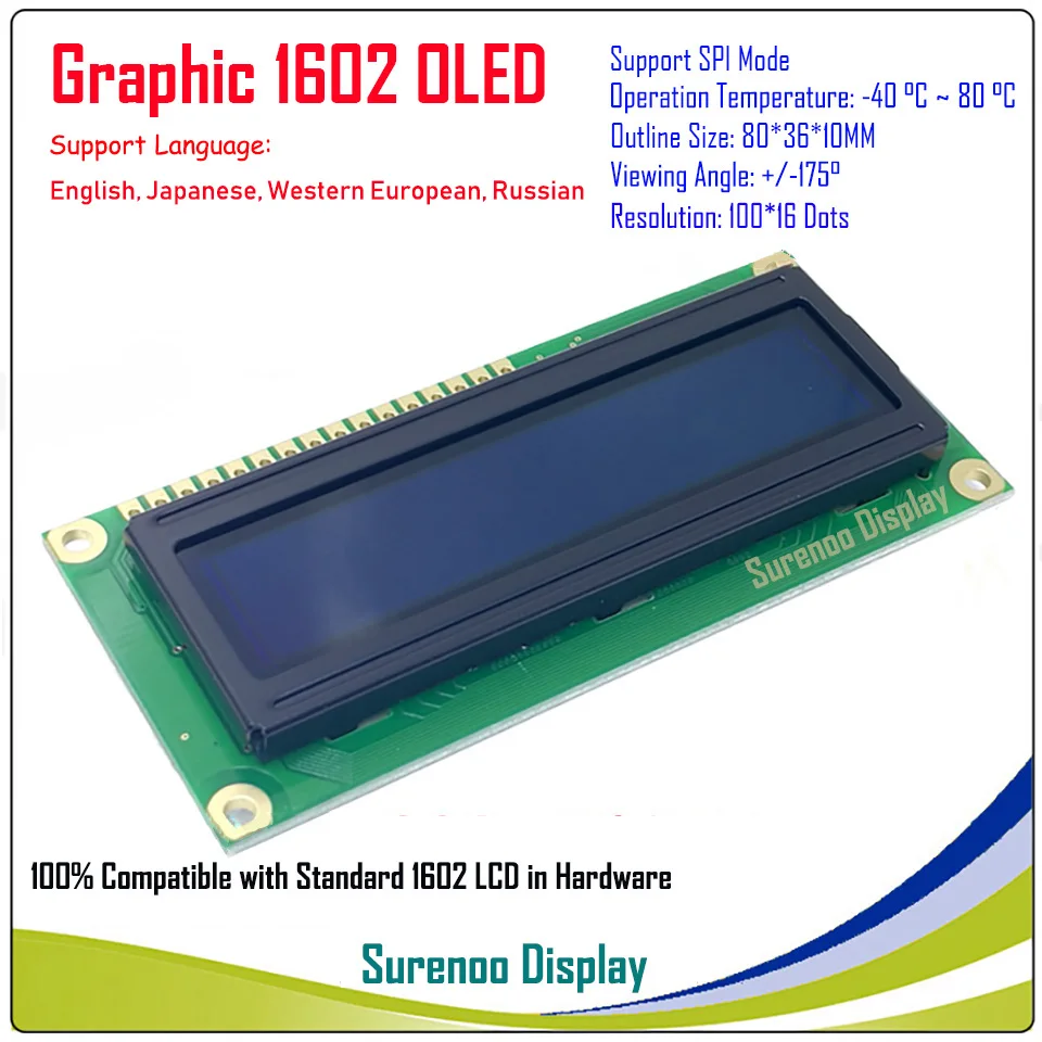 Реальный OLED Дисплей, WS0010 100*16 точек совместим с 1602 162 характер ЖК-дисплей модуль LCM Экран, Поддержка SPI