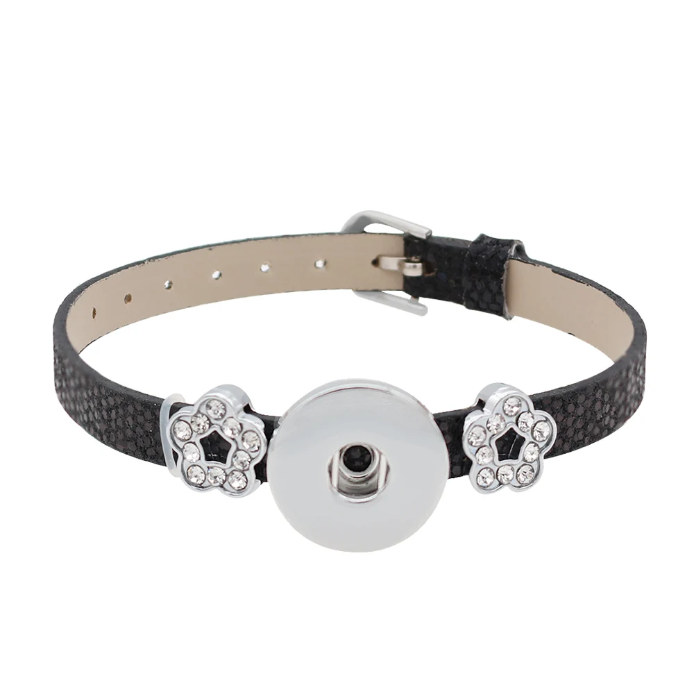Vintage tiny crystal Stone Charms Bracelets Bangles For Women New fashion fit 18mm snap jewely black Leather Bracelet KC0276 | Украшения и