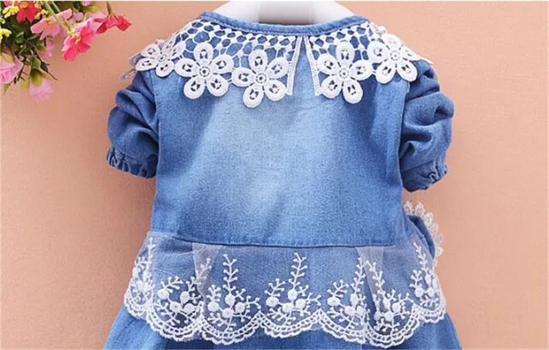 BibiCola Cute Girls cowboy Lace dress cotton Denim Jeans Dark Blue Casual autumn clothes kids girls |