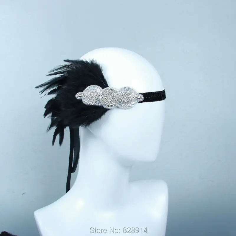 Хрустальная аппликация искусственный черный перо головная повязка Flapper нарядное