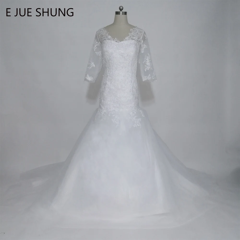 

E JUE SHUNG robe de mariee White Lace Appliques Mermaid Wedding Dresses V-neck 3/4 Sleeves Wedding Gowns vestido de novia