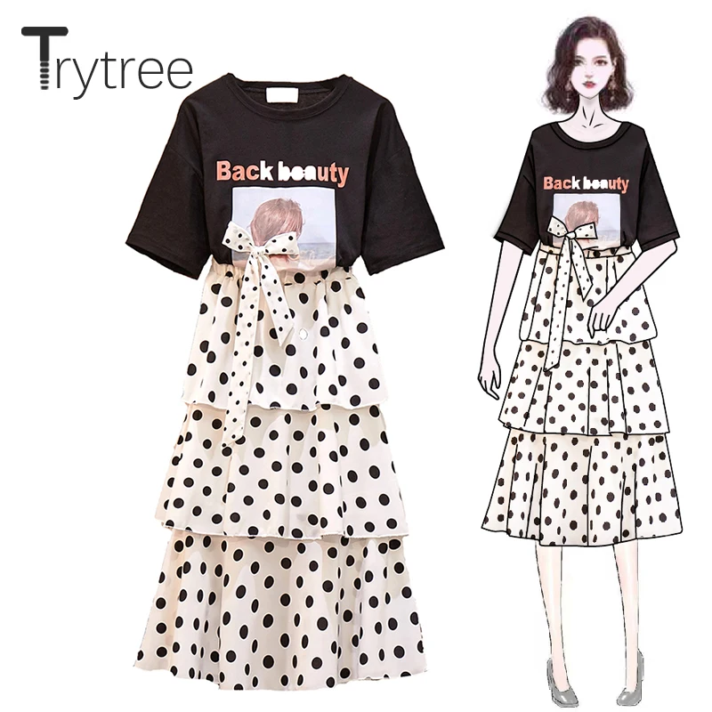 Trytree Лето Женский костюм из двух предметов повседневное лук хлопковый топ + юбка