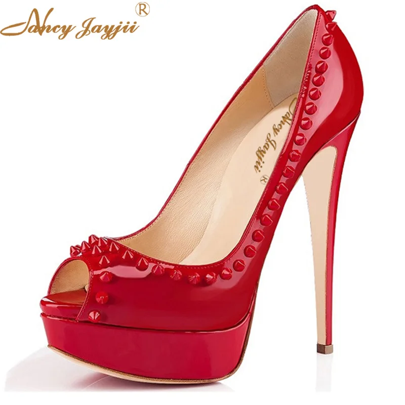 

Red Rivet Black Blue Super Platform Patent Leather Peep Toe High Heels Pumps Evening Wedding Fetish Shoes Woman Size 13 46