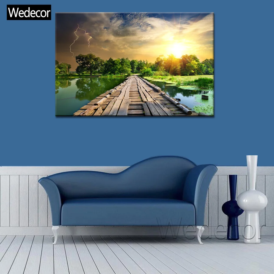 5 Pieces HD Wooden bridge Pier to the Lake Sunset Prints 4 Poster Wall Art 3 Canvas Painting For Living Room W319-7 | Дом и сад