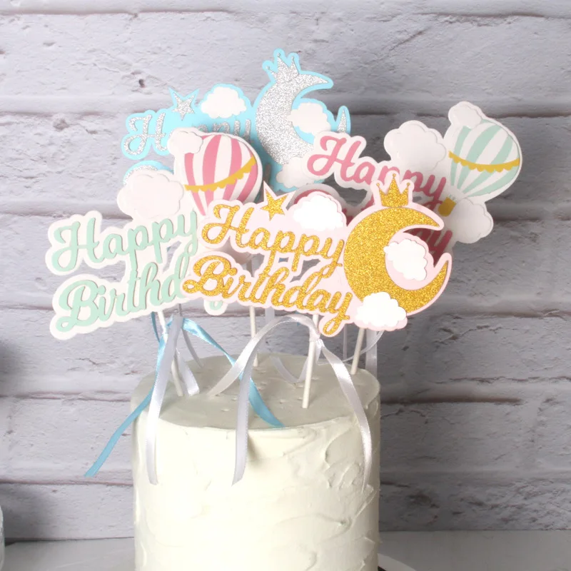 Розовый синий воздушный шар Луна с днем рождения торт топ украшение флага для