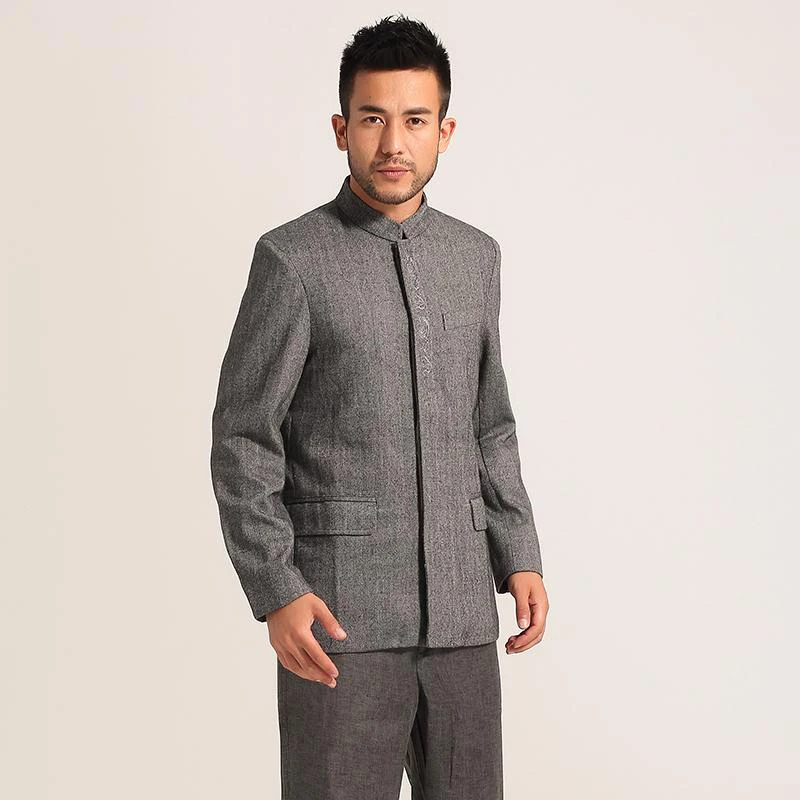 Высокое качество темно-серый мужской китайский костюм туника топ зимняя Толстая