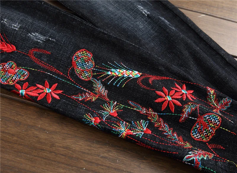 New Fashion Brand Flower And Bird Embroidered Jeans Men's Scratched Patches Skinny Pants Elastic Black Denim crop jeans #15011 | Мужская