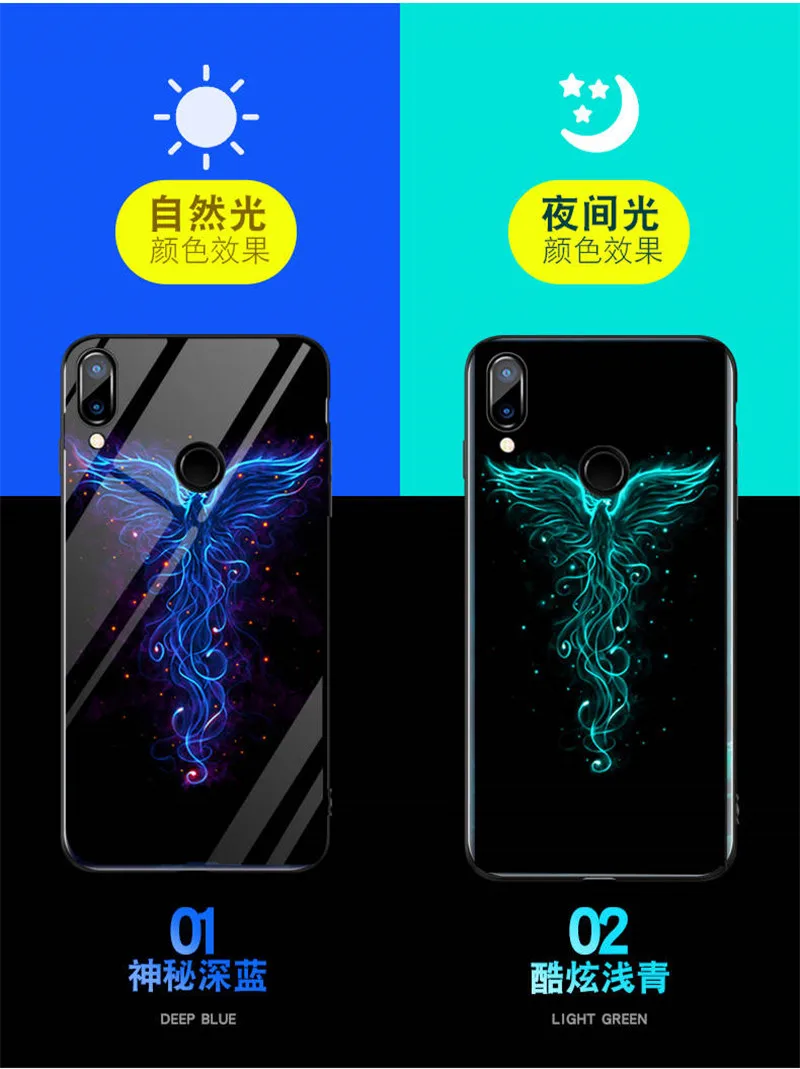 Чехол для телефона для Xiaomi Redmi Note 7, чехол, светящаяся, светящаяся, закаленное стекло, задняя крышка для Xiaomi Redmi Note 7 Pro, чехол, силиконовый