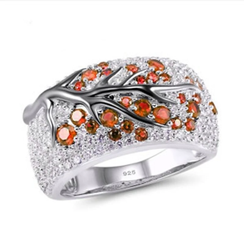 Orange Flower USTAR розовые красные фианиты кристаллы креативные кольца с символом Древа Жизни для женщин цветок сливы ветка посеребренные женские обручальные кольца Новинка ювелирные изделия - Цвет основного камня: Orange Flower