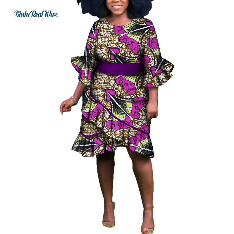 

2019 New African Print Dresses for Women Ruffles Sleeve Draped Ankara Dresses Bazin Riche African Design Women Clothing WY246