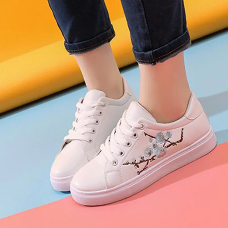 White Shoes Taking Snapshots Flats Summer Peach Blossom Printed Embroidery Casual Women Students Slip-on | Обувь
