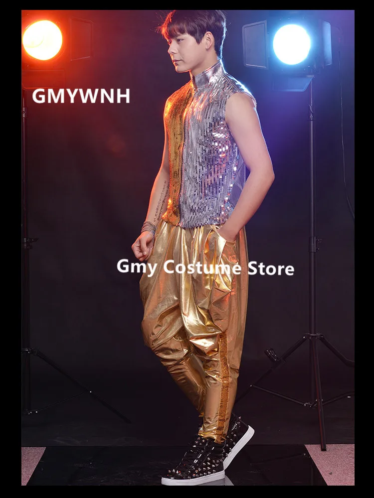 R71 Gold silver splice sequin men wears outfits dj vest dress ballroom dance costumes singer Hip hop pants host male bodysuit | Дом и сад