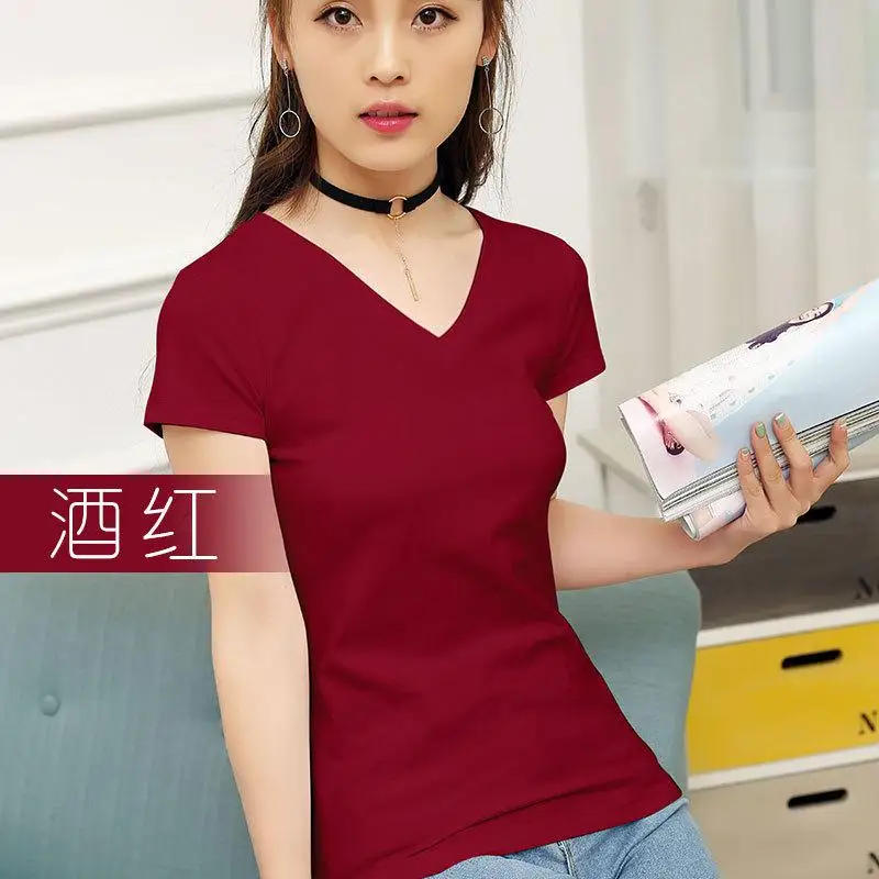 v neck SHUCHAN Футболка женская 95% хлопок размера плюс Летняя женская футболка с коротким рукавом повседневные топы футболки женские большие размеры 4xl 5xl - Цвет: v neck