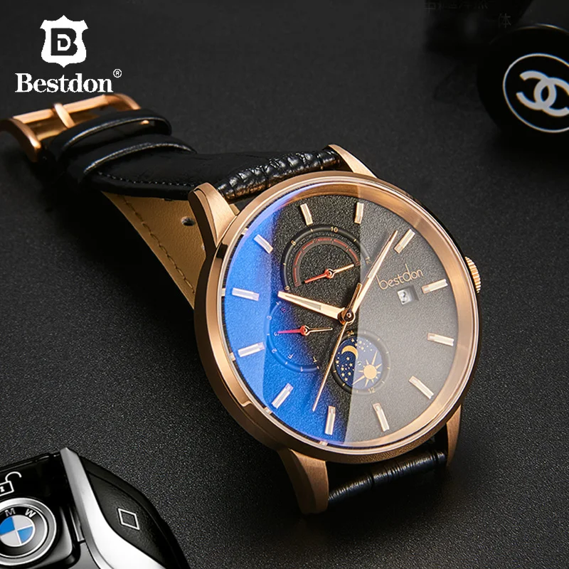 Bestdon Мужские Спортивные механические часы Роскошные автоматические Moon Phase часы водонепроницаемые кожаные повседневные Лидирующий бренд Relogio Masculino