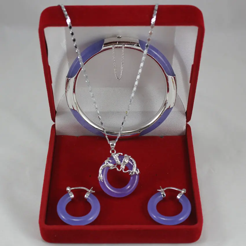

charming 7.5" purple Jade bracelet, earings, and pendant decorated with dragon jewelry sets for gift