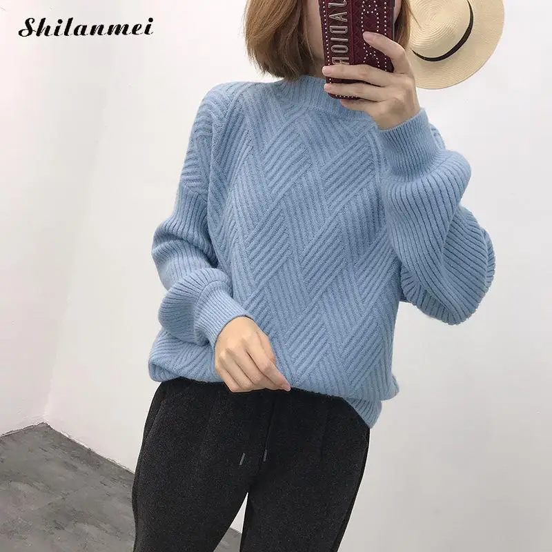 2018 Winter Autumn Oversized Knitted Cashmere Sweater Women Lantern Sleeve Thicken Pull Femme Causal Slim Jumper Tops | Женская одежда