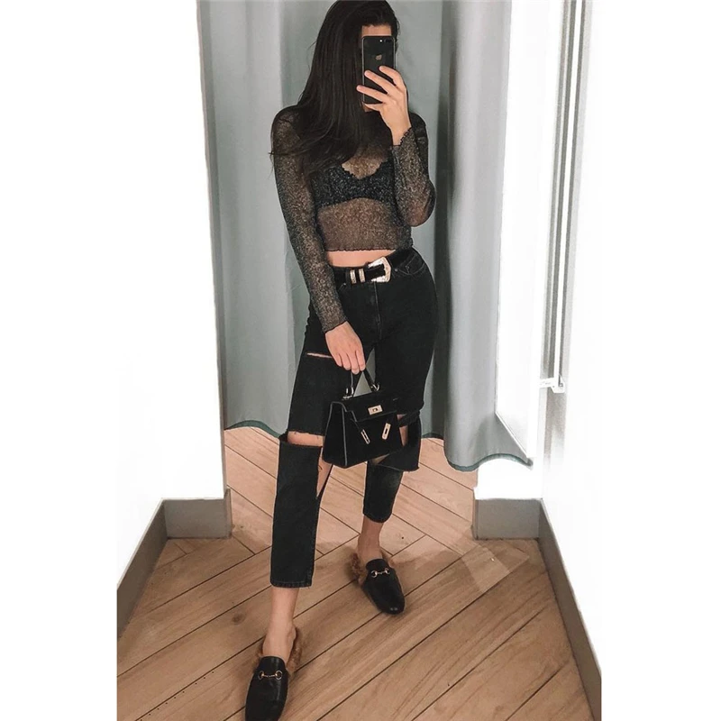 Женская прозрачная сетчатая укороченная футболка с длинным рукавом |