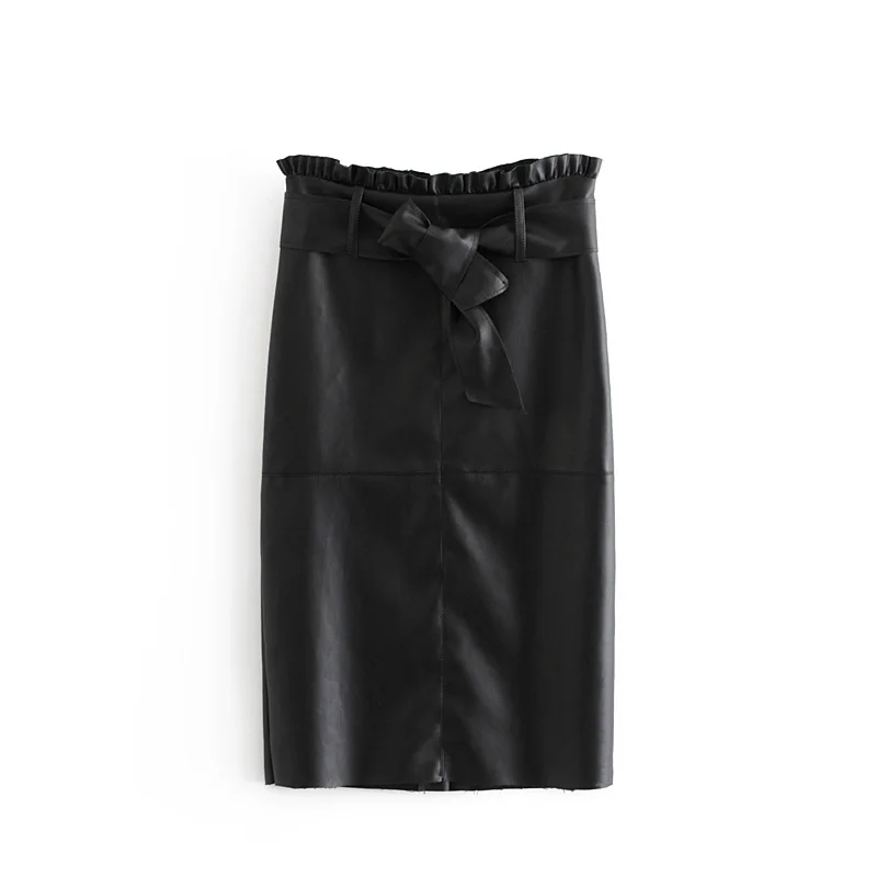 Heydress/ Осенняя винтажная юбка из искусственной кожи с бантом и поясом, с оборкой, с высокой посадкой, на молнии сзади, юбки, повседневные Faldas Mujer - Цвет: BLack