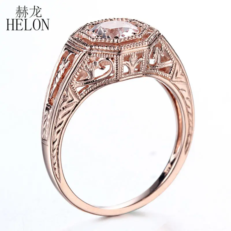 

HELON Solid 10K Rose Gold Flawless Round 6MM Genuine Natural Morganite Engagement Wedding Ring Women Vintage Trendy Fine Jewelry