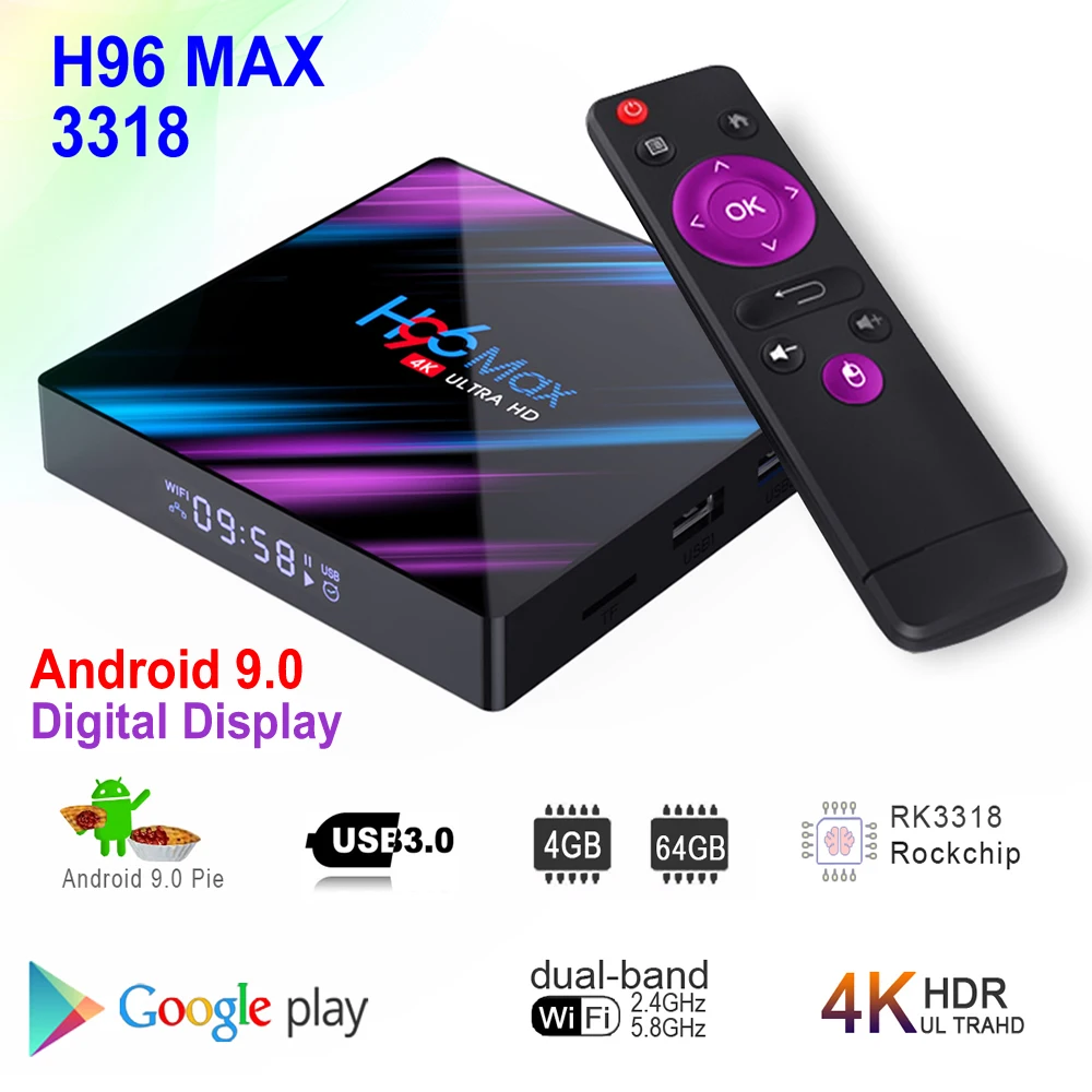 H96 MAX 3318 Android 9,0 Smart tv Box Rockchip RK3318 4 Гб ОЗУ 64 Гб ПЗУ BT4.0 USB3.0 2,4G/5G двойной wifi 3D 4K HDR телеприставка