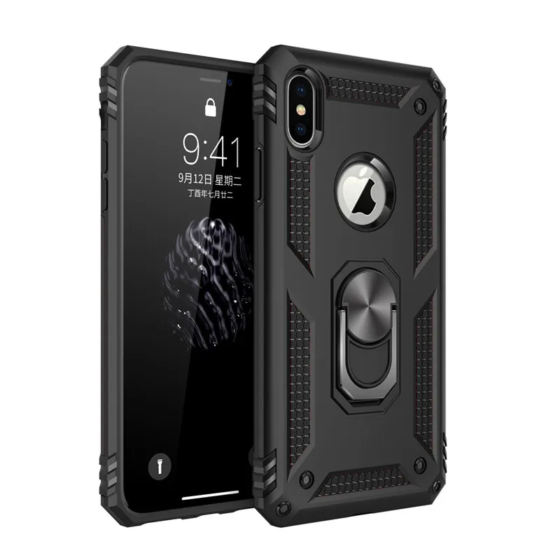 Black Phone Case Противоударный бронированный чехол для телефона с подставкой для iPhone 11 Pro XR XS Max X 6 6S 7 8 Plus, магнитное кольцо-держатель для пальца, защита от падения - Цвет: Black Phone Case