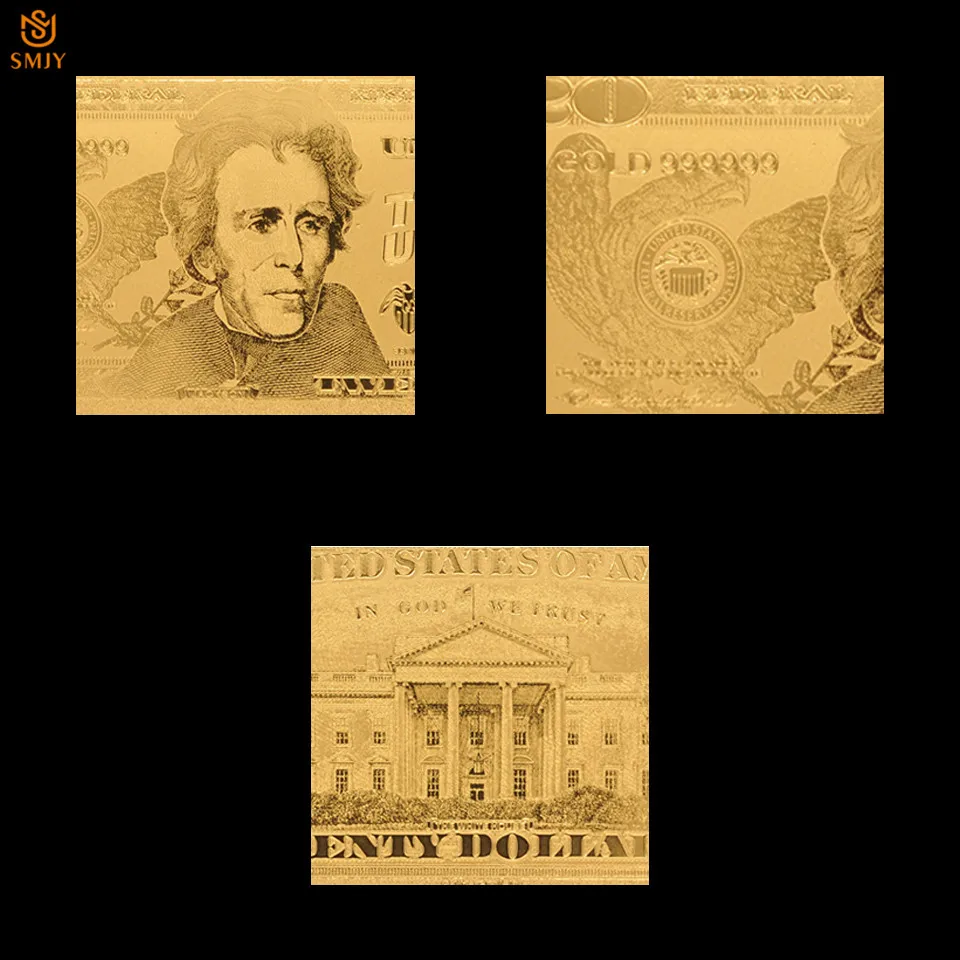 Золото 999 4k Золотая фольга США 20 долларовая Банкнота с ПВХ КоА подарок для бизнеса