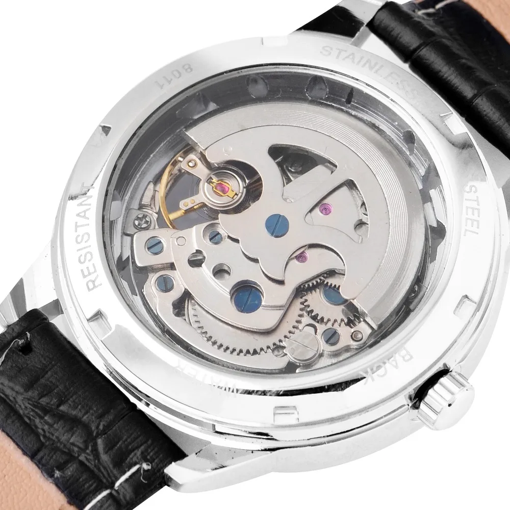 Мужские часы FLENT с кожаным ремешком автоматические Аналоговые наручные скелетом