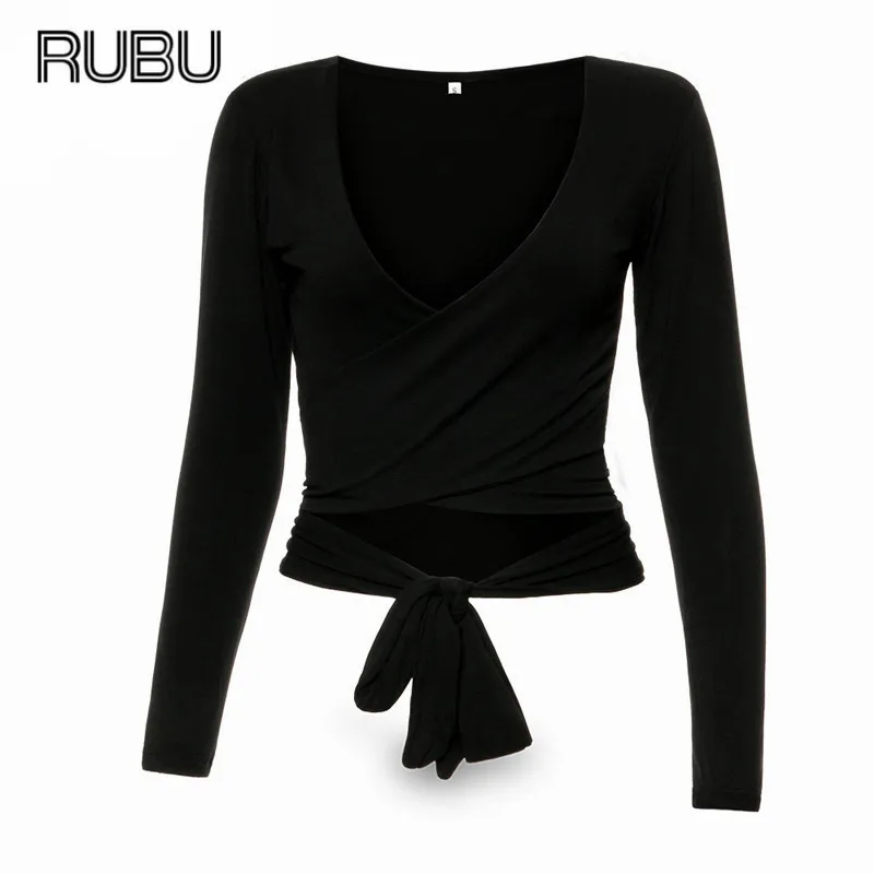 Rubu Женщины Crop Футболки Лето 2017 г. Новая мода длинный рукав и v образный вырез