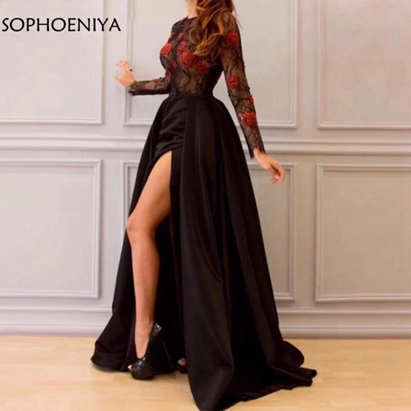 

New Arrival Black Long sleeve evening dress Sexy Arabic Evening gown Dubai Kaftan Formal dress abendkleider 2023 abiye elbise