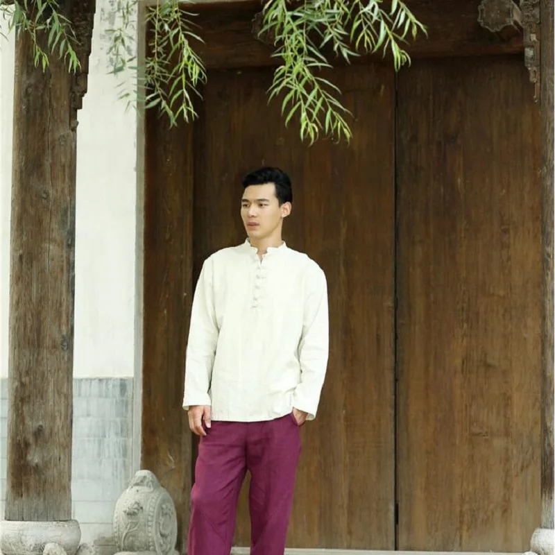 

Chinese Style Male Shirts Mandarin Collar Button Masculine Outwear Linen Comfortable Loose Plus Size Male Clothing SY0005