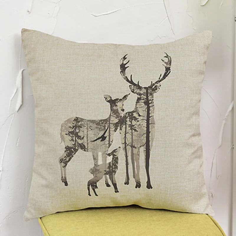 Подушка с рисунком головы оленя хлопковая льняная декоративная наволочка для