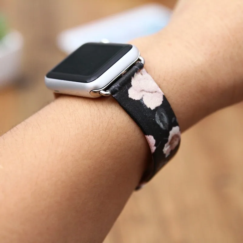 Черный кожаный ремешок для Apple Watch Band Series 3 2 1 розовый цветок печати ремешок для часов браслет для iwatch 38 мм 42 мм с адаптерами