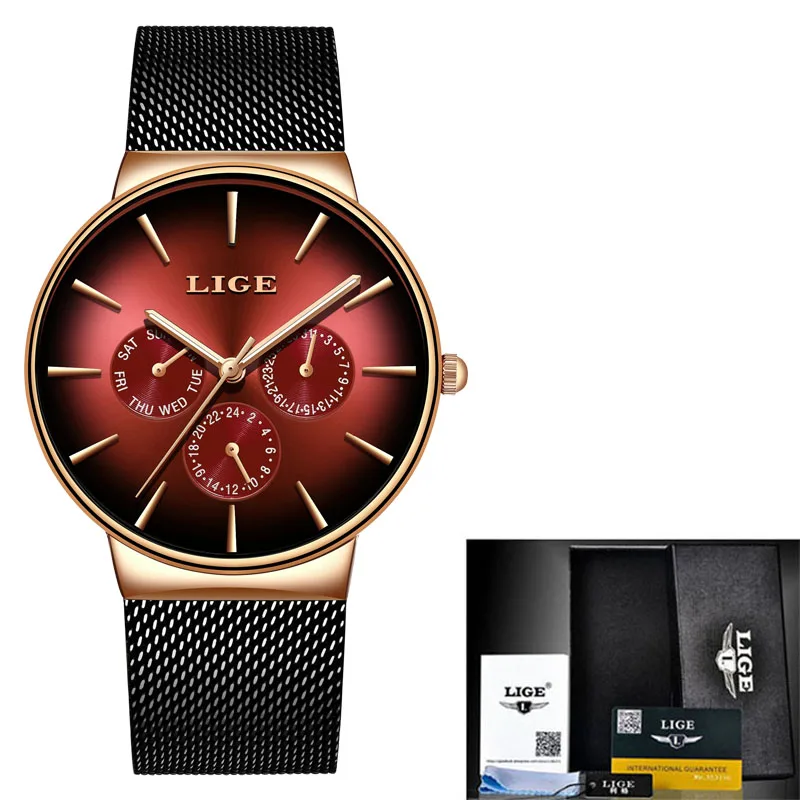

LIGE Women Watches Top Brand Luxury Sport Watch Mesh Steel Date Week Waterproof Quartz Watch Ladies Clock Montre Femme Gift