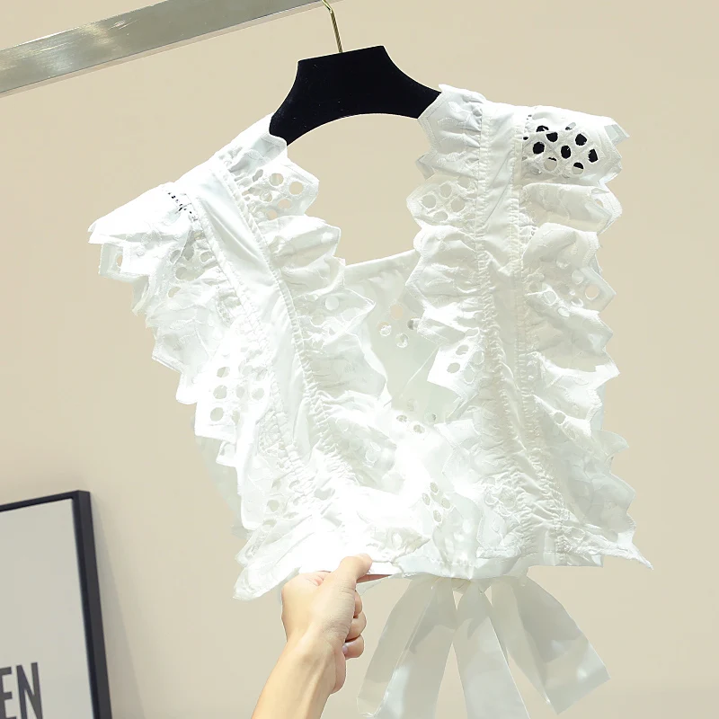 Ажурная кружевная рубашка для женщин лето 2020 новая белая блузка без рукавов