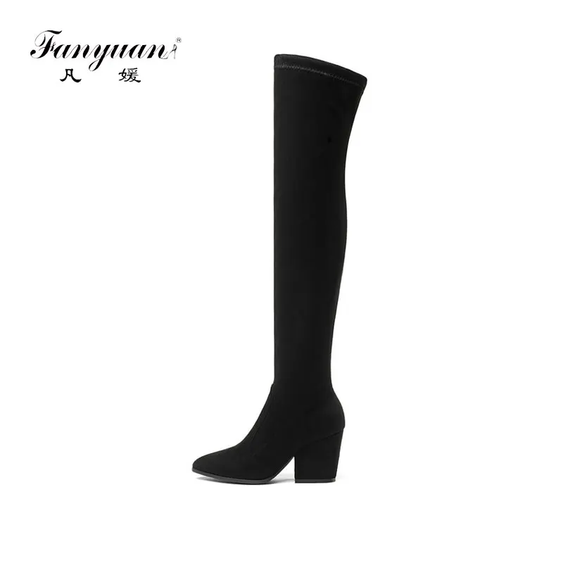 

fanyuan 2019 Women Over The Knee High Boots Hoof Heels Winter Shoes Pointed Toe Sexy Elastic Fabric Women Boots Size 34-43