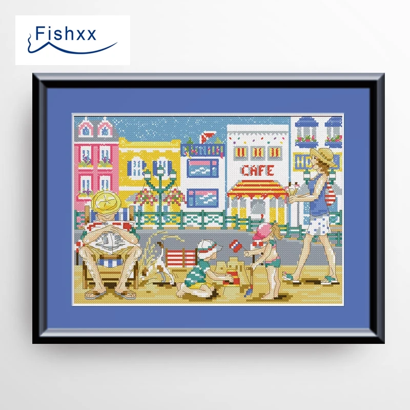 Fishxx Cross Stitch European magazine Crazy99-1 summer scenery holiday beach happy family living room painting | Дом и сад