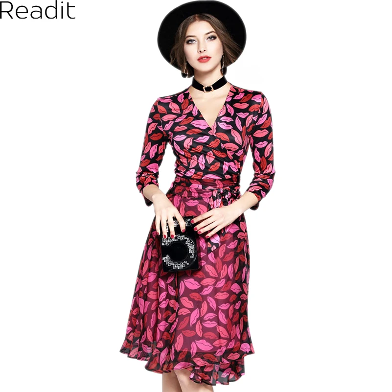 Женщины Vintage Губы Печатных Three Четверти Шифон Dress 2017 Весна Причинно Офис Дамы