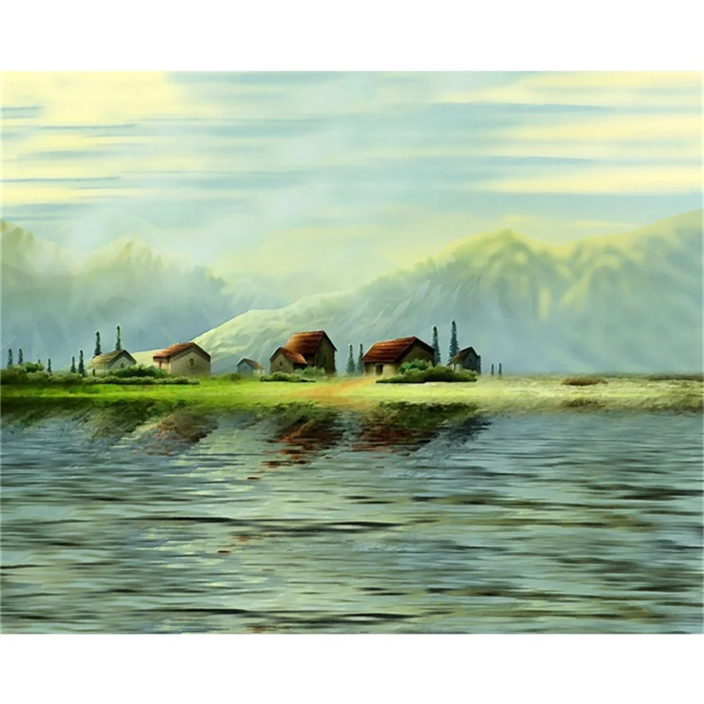 

Laeacco Canvas Calligraphy Painting Spring Waterside Posters and Prints Green Mountain Wall Pictures Living Room Home Decoration